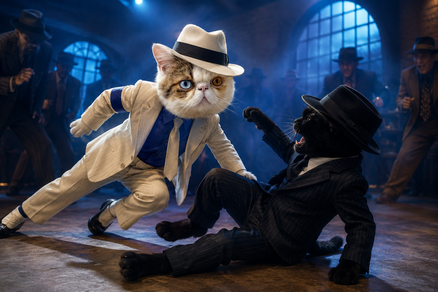 two cats in gangster suits, a rejected concept