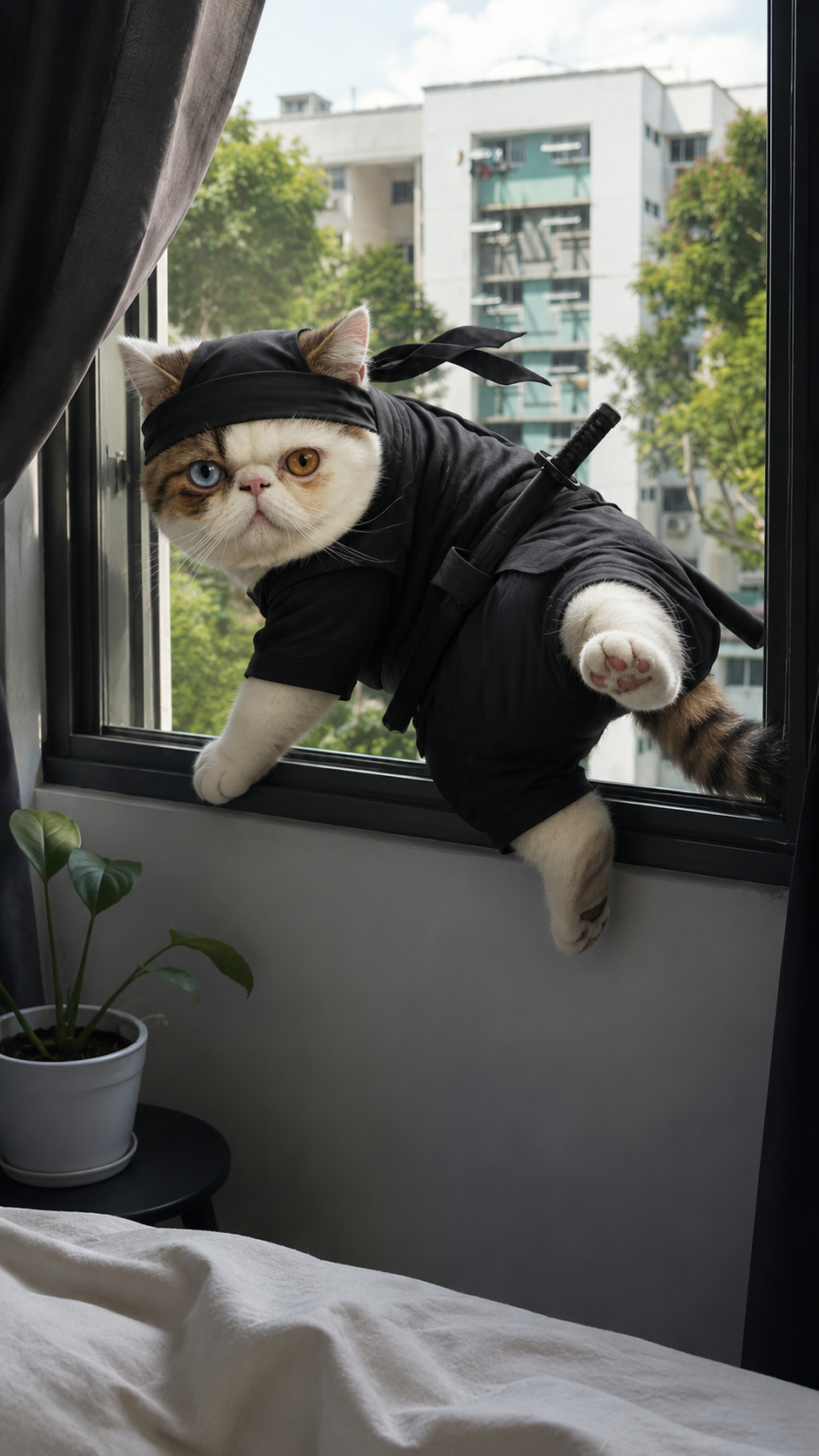 the cat dressed as a ninja on an HDB windowsill