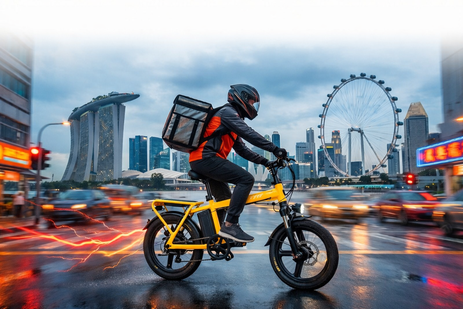 delivery rider in Singapore at dusk